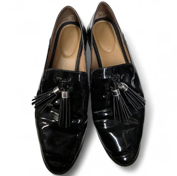 Franco Sarto Black Patent Tassel Loafers Size 10 Classic Chic Slip - Ons Preppy - Picture 2 of 10